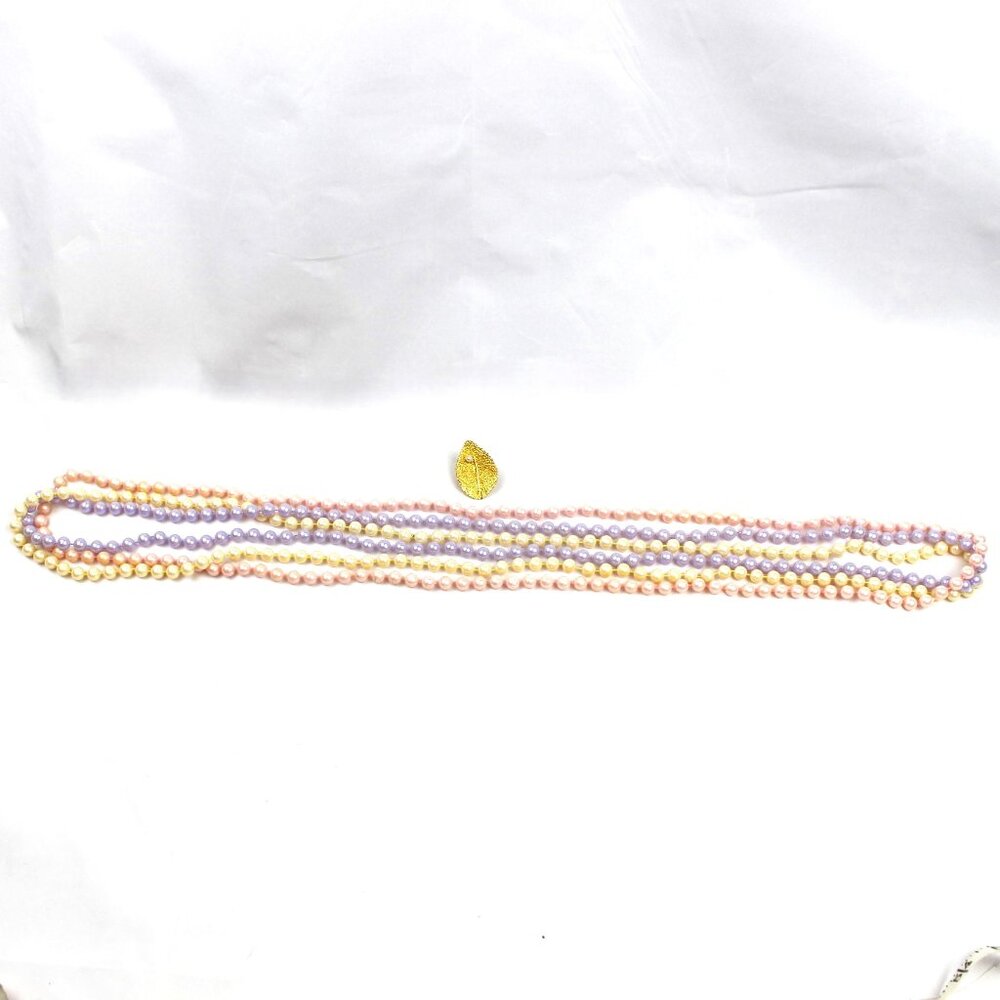 Vintage Faux Pearl Necklace 3 Strands W/ Gold Tone Clip Pendant Multi Color VTG